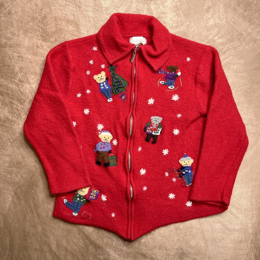 Vintage 90s Studio Works Holiday Teddy Bear Zip Up Wool Jacket Embroidered Xmas